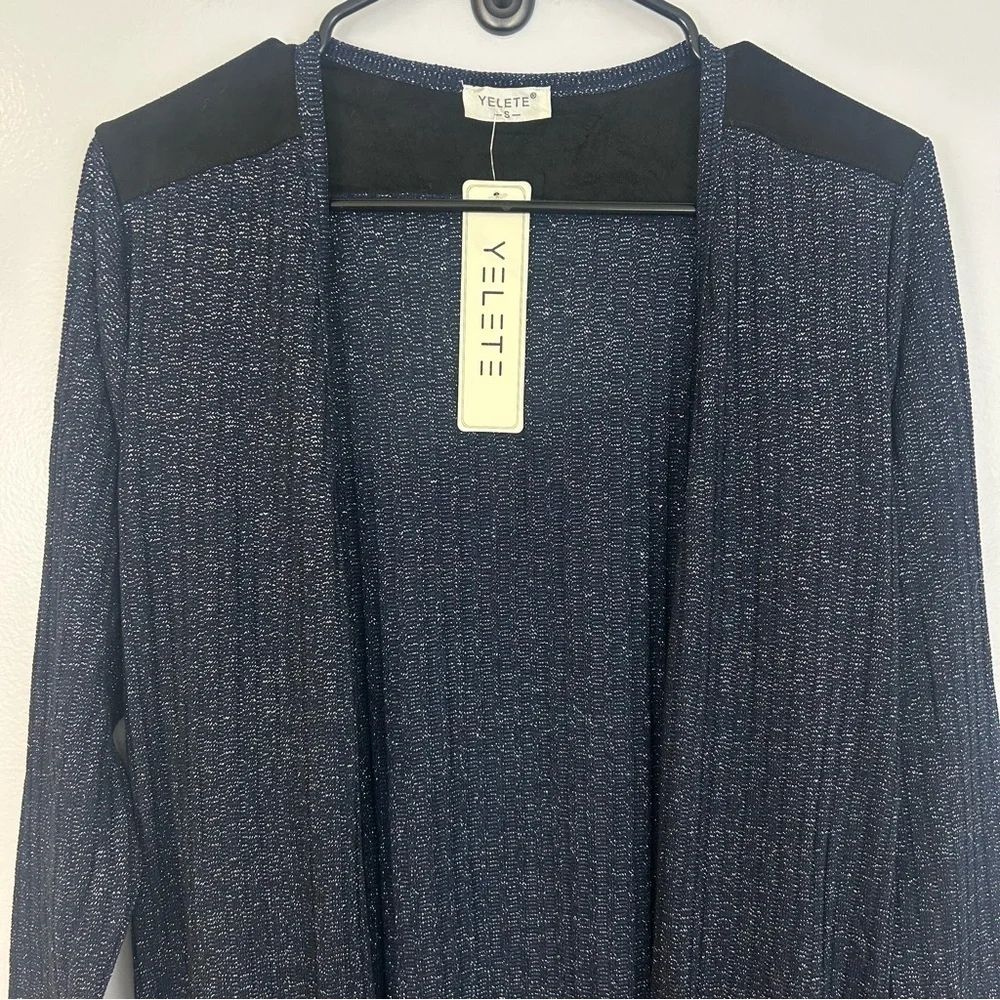 NWT Yelete Navy Blue/Black Metallic Open Front Long Lightweight Cardigan Small